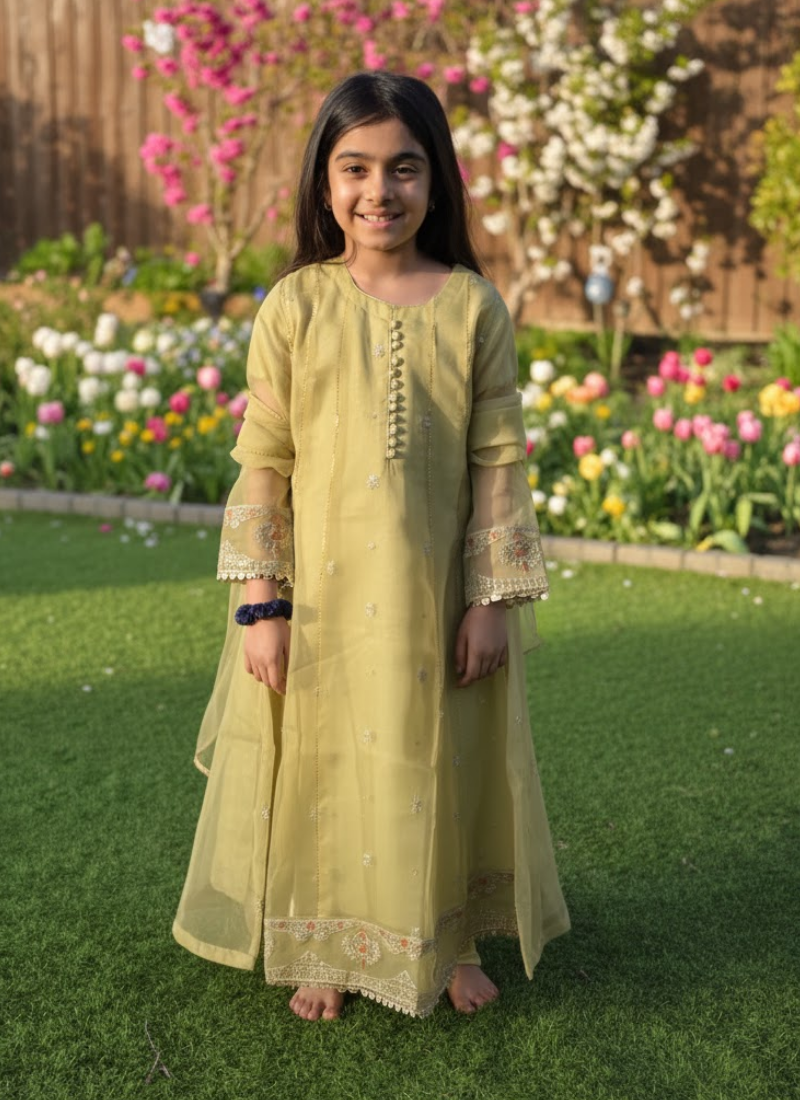 Twirl-Ready Kids Anarkali Gown in Pesta Green – Chiffon