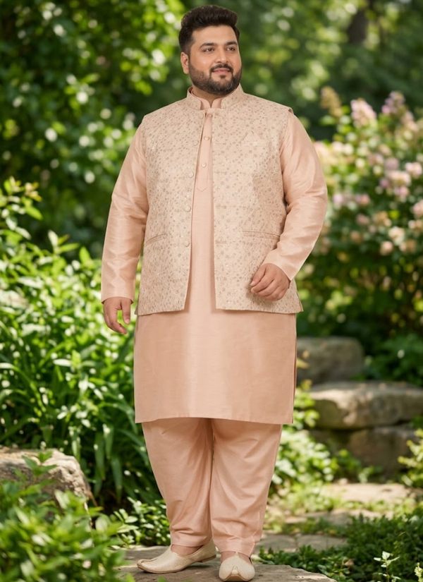 Men's Big Size Silk Kurta Pyjama with Jacquard Koti | Designer Indian Men's Wear Australia