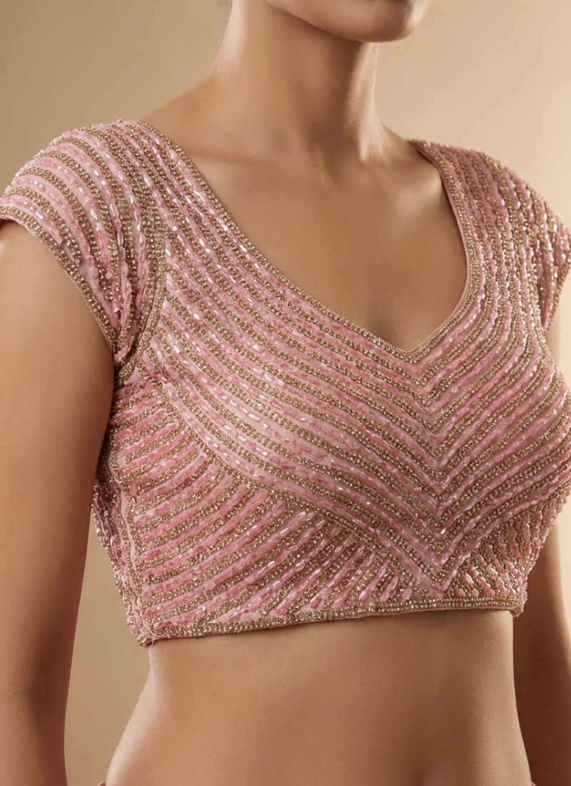 Women’s pure silk blouse with pearl, moti, beads and pipe embroidery, handcrafted partywear design.