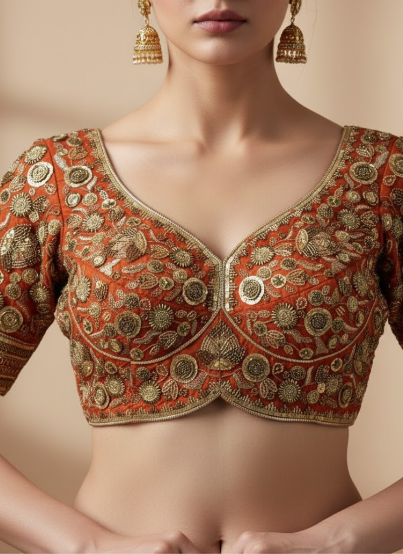 Statement partywear blouse in Roman silk with heavy stitching, handmade hooks, latkans, and cotton lining.