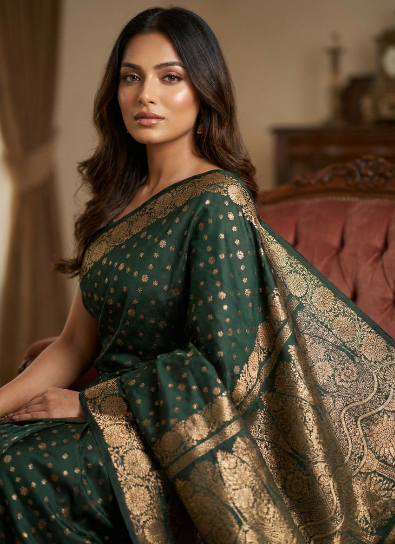 Bottle Green Katan Silk Saree with Blouse Piece