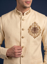 Diwali Linen Koti Set for Men – Handwork Brooch Koti, Shirt & Polo Pant 7