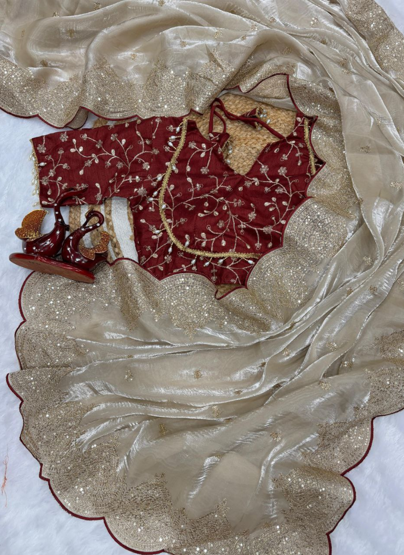 Champagne Gold Designer Saree – Sequins & Zari Work with Red Corset Blouse