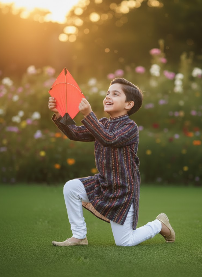 Color Splash Kids Kurta Pajama – Multicolor Silk Kurta with Cotton Pyjama