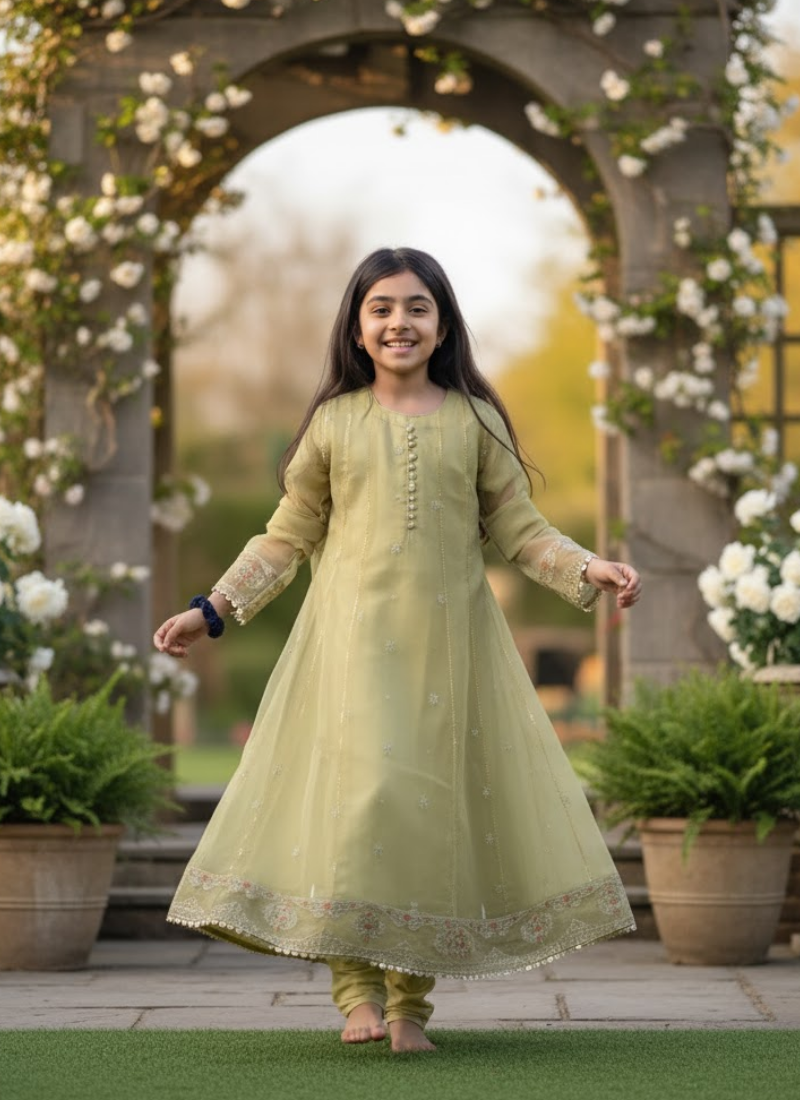 Twirl-Ready Kids Anarkali Gown in Pesta Green – Chiffon