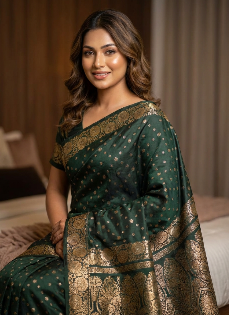 Bottle Green Katan Silk Saree with Blouse Piece