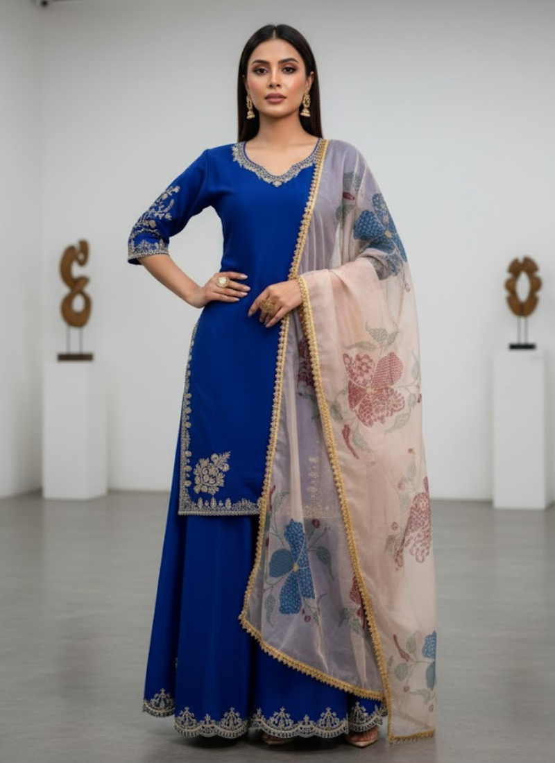 Royal Blue Chinon Silk Sharara Suit – Elegant Sharara Set