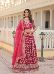 Pink Viscose Jacquard Lehenga Choli with Sequins Embroidery + Russian Silk Dupatta 2