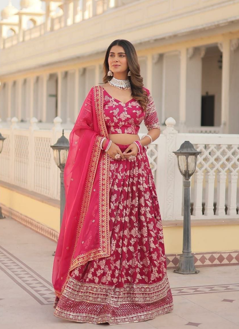 Pink Viscose Jacquard Lehenga Choli with Sequins Embroidery + Russian Silk Dupatta