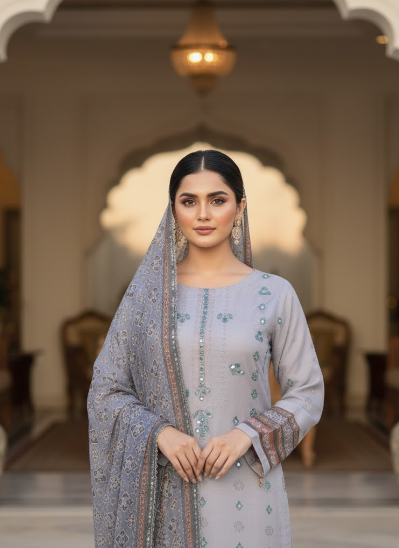 Grey Organza Salwar Suit – Dazzling Mirror Work