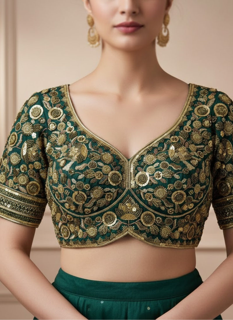 Luxury bridal blouse with Jari, sequence and beads detailing, back open style, padded fit, available in 12 colors.