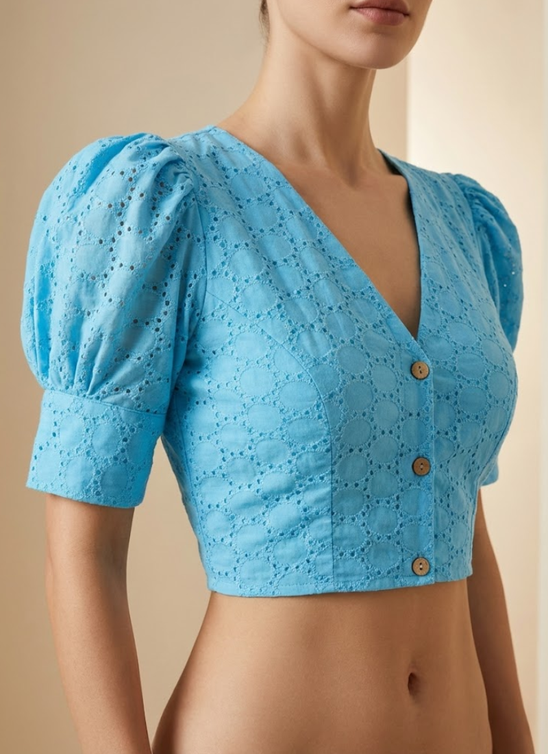 Pure Cotton Hakoba Puff Sleeve Blouse with Football Design