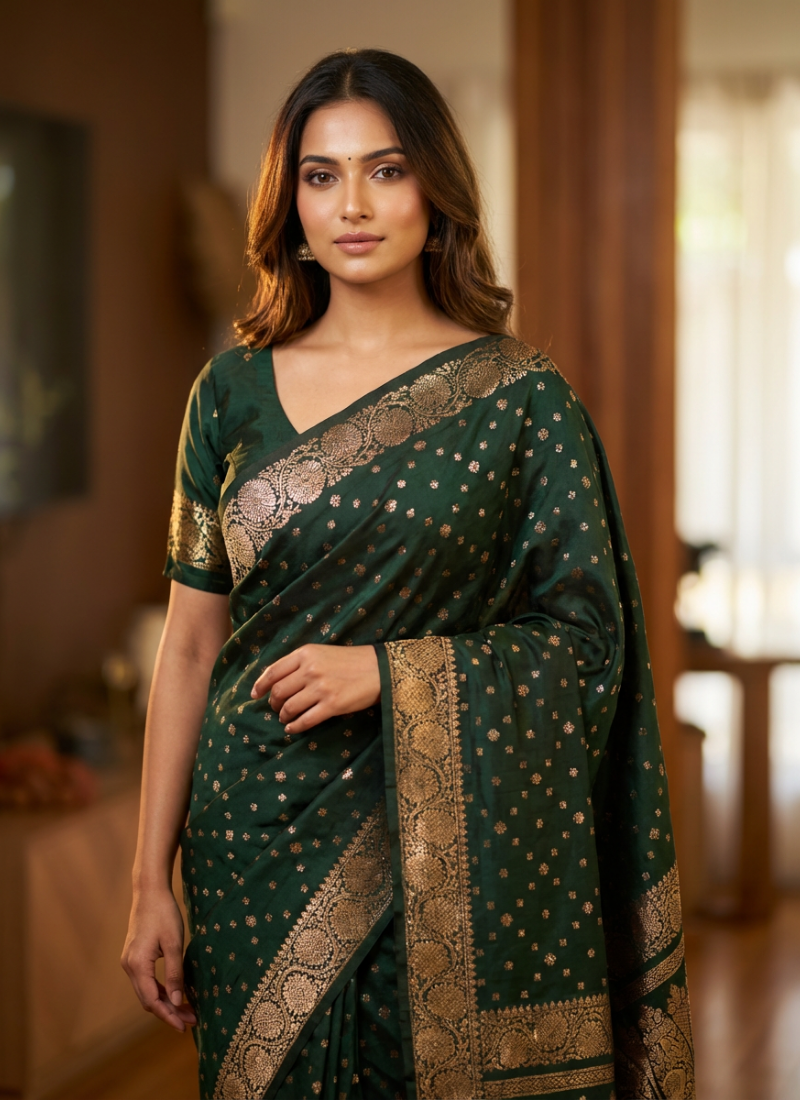 Bottle Green Katan Silk Saree with Blouse Piece