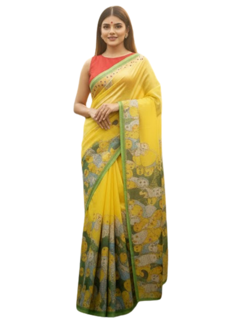 Yellow Tashar Silk Saree – Bird Print Design