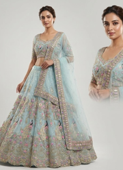 Sky Blue Butterfly Net Lehenga Choli with Sequins & Coding Embroidery + Dupatta 3