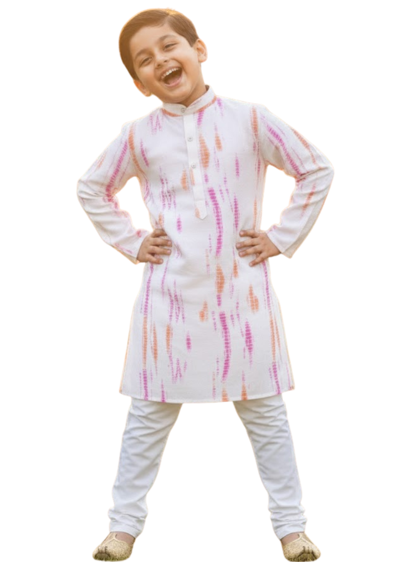Kids Kurta Pajama Set – Multicolor Silk Kurta with White Cotton Pyjama