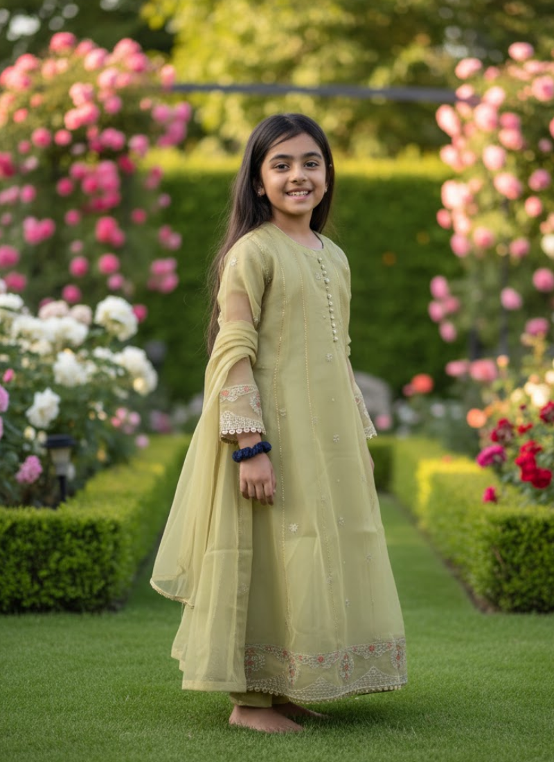 Twirl-Ready Kids Anarkali Gown in Pesta Green – Chiffon