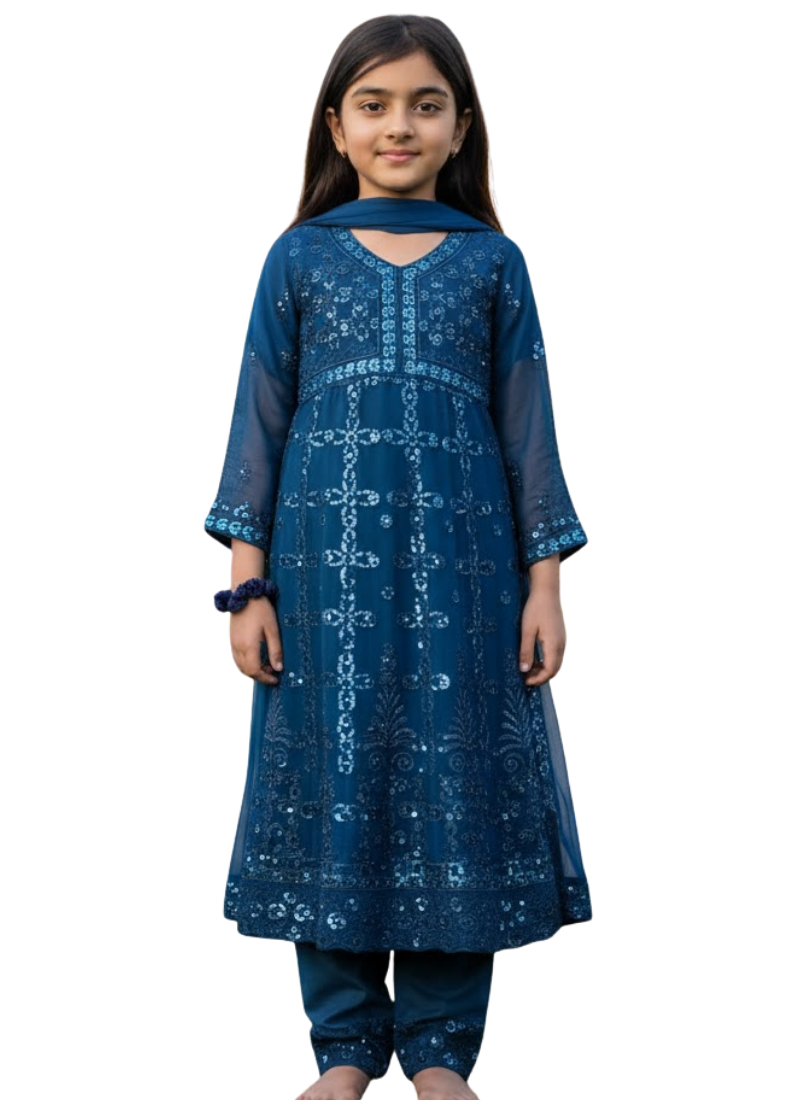 Sea Green Chiffon Kids Anarkali Gown – Elegant Festive Wear