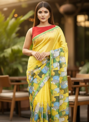 Yellow Tashar Silk Saree – Bird Print Design 6