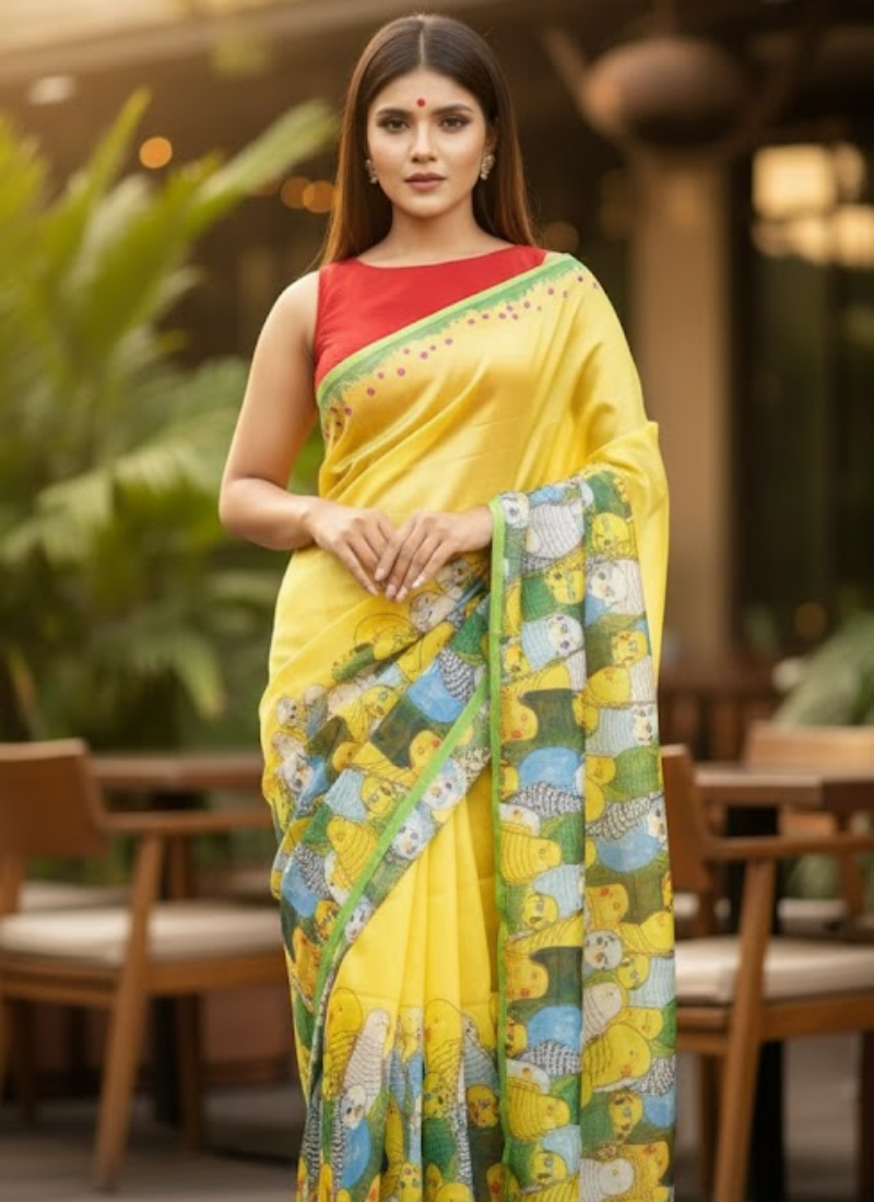 Yellow Tashar Silk Saree – Bird Print Design