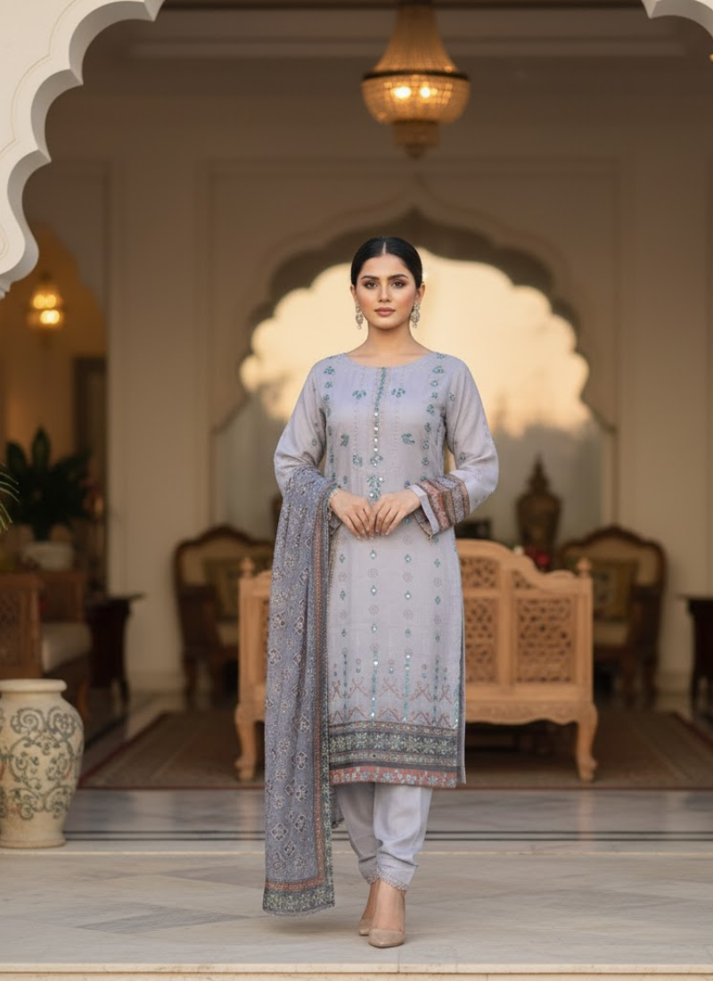 Grey Organza Salwar Suit – Dazzling Mirror Work