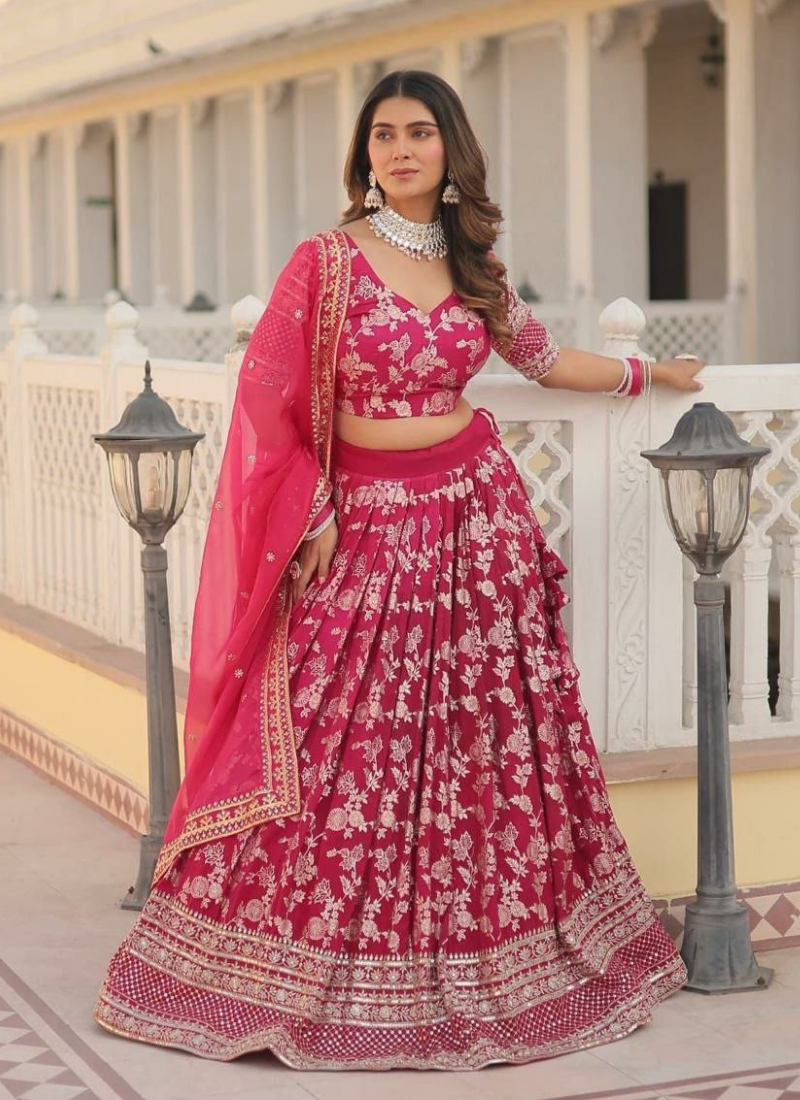 Pink Viscose Jacquard Lehenga Choli with Sequins Embroidery + Russian Silk Dupatta