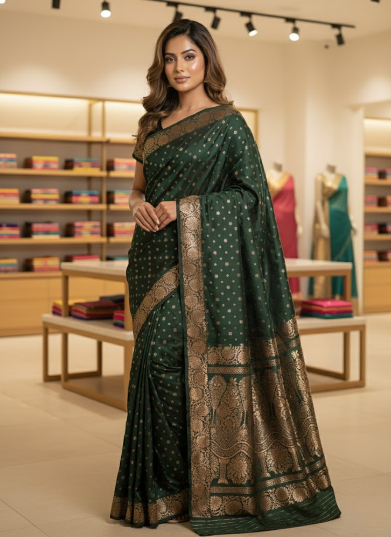 Bottle Green Katan Silk Saree with Blouse Piece