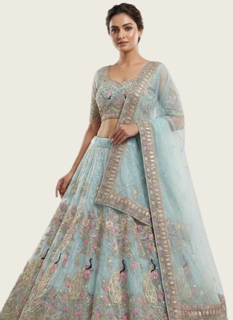 Sky Blue Butterfly Net Lehenga Choli with Sequins & Coding Embroidery + Dupatta