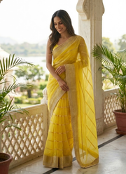 Banarasi Organza Saree with Blouse – Bright yellow 6