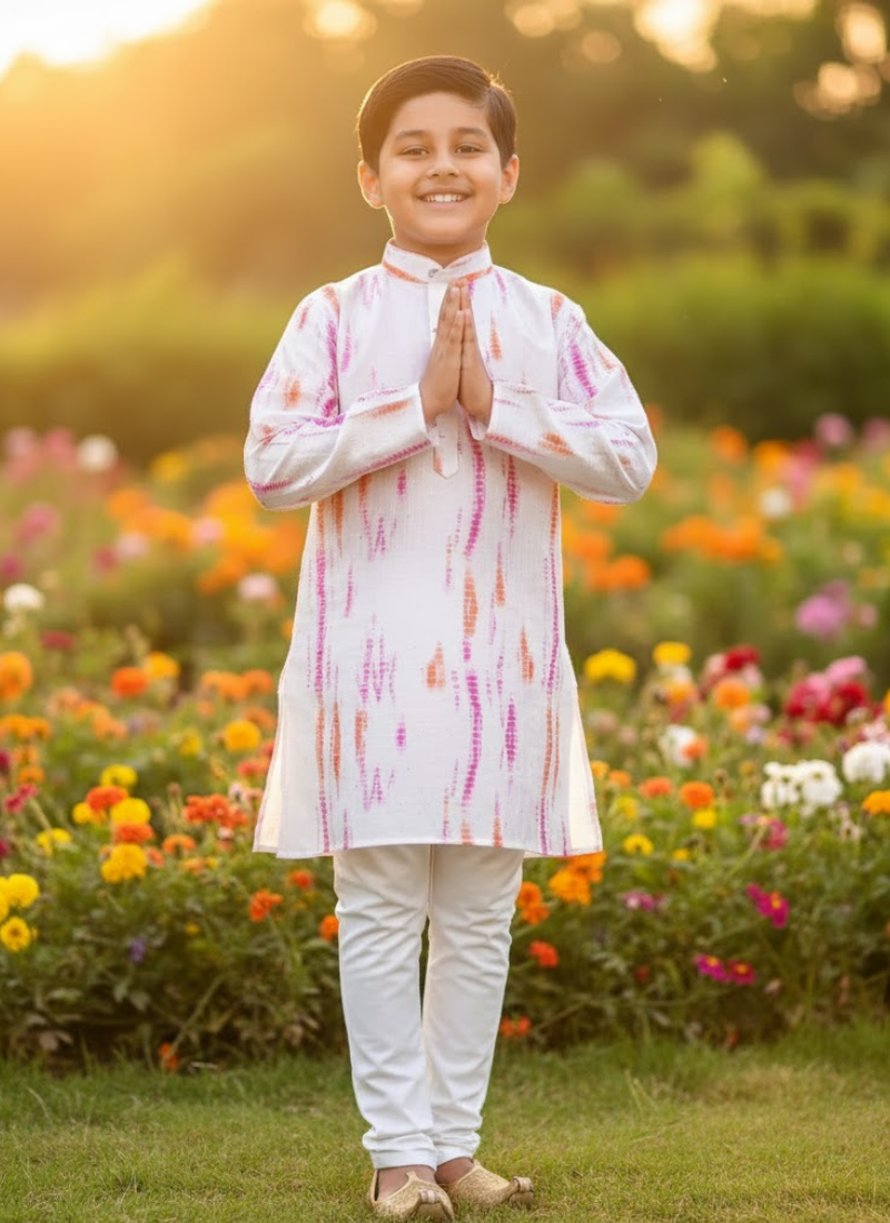 Kids Kurta Pajama Set – Multicolor Silk Kurta with White Cotton Pyjama
