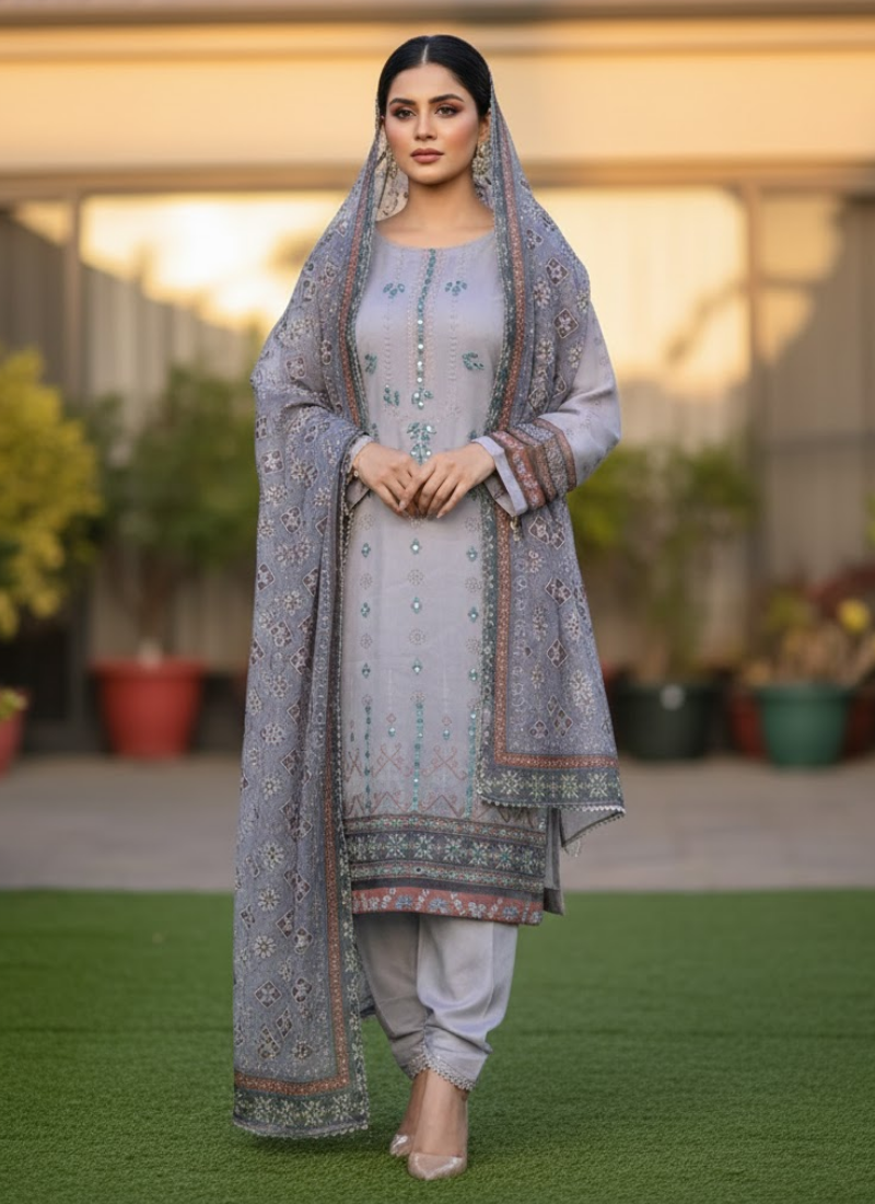 Grey Organza Salwar Suit – Dazzling Mirror Work
