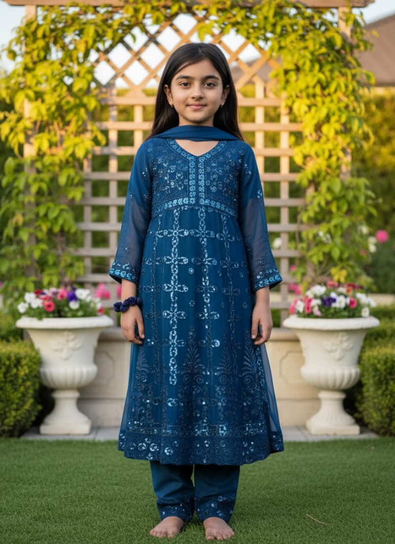 Sea Green Chiffon Kids Anarkali Gown – Elegant Festive Wear