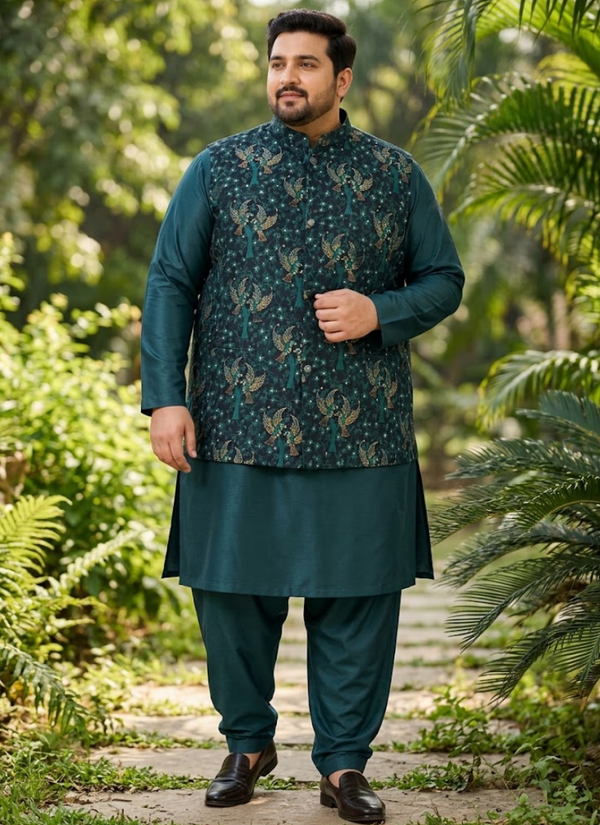 Men's Big Size Silk Kurta Pyjama with Jacquard Koti | Indian Wedding Wear for Men Australia