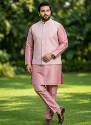 Jacquard Koti Silk Kurta Polo Pant Set For Men 5