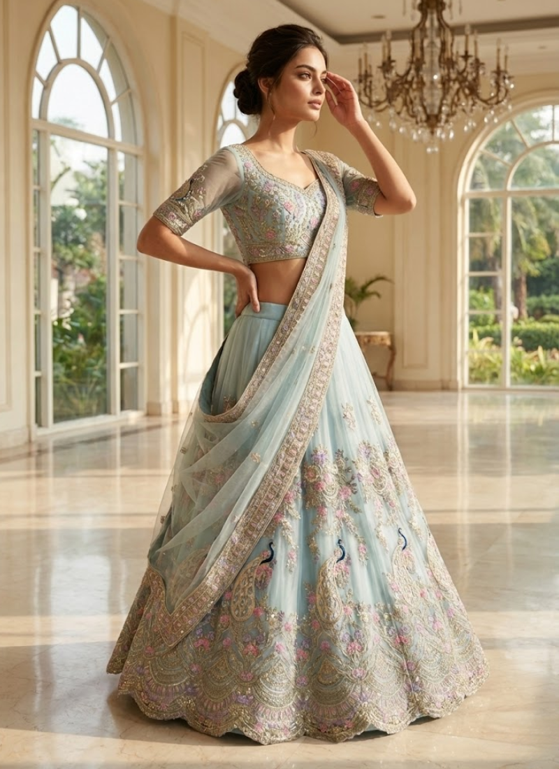 Sky Blue Butterfly Net Lehenga Choli with Sequins & Coding Embroidery + Dupatta