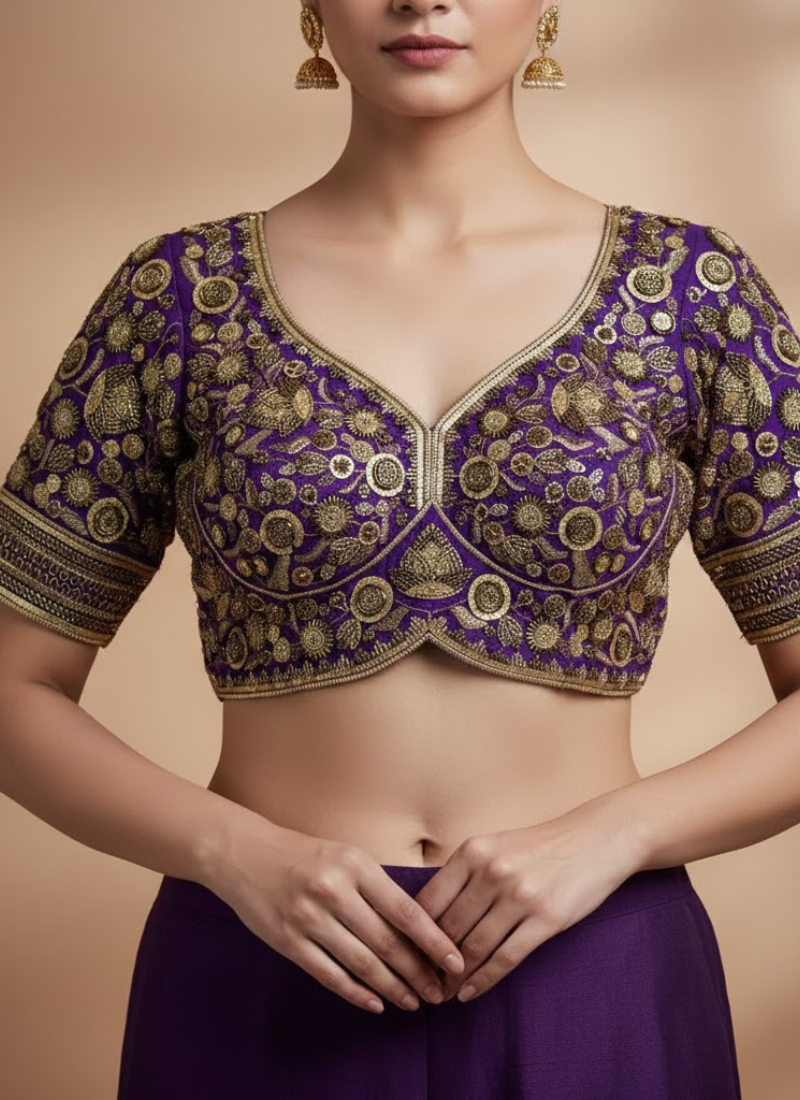 Elegant women’s blouse in pure Roman silk with heavy embroidery, 12 inch sleeves, and cotton lining.