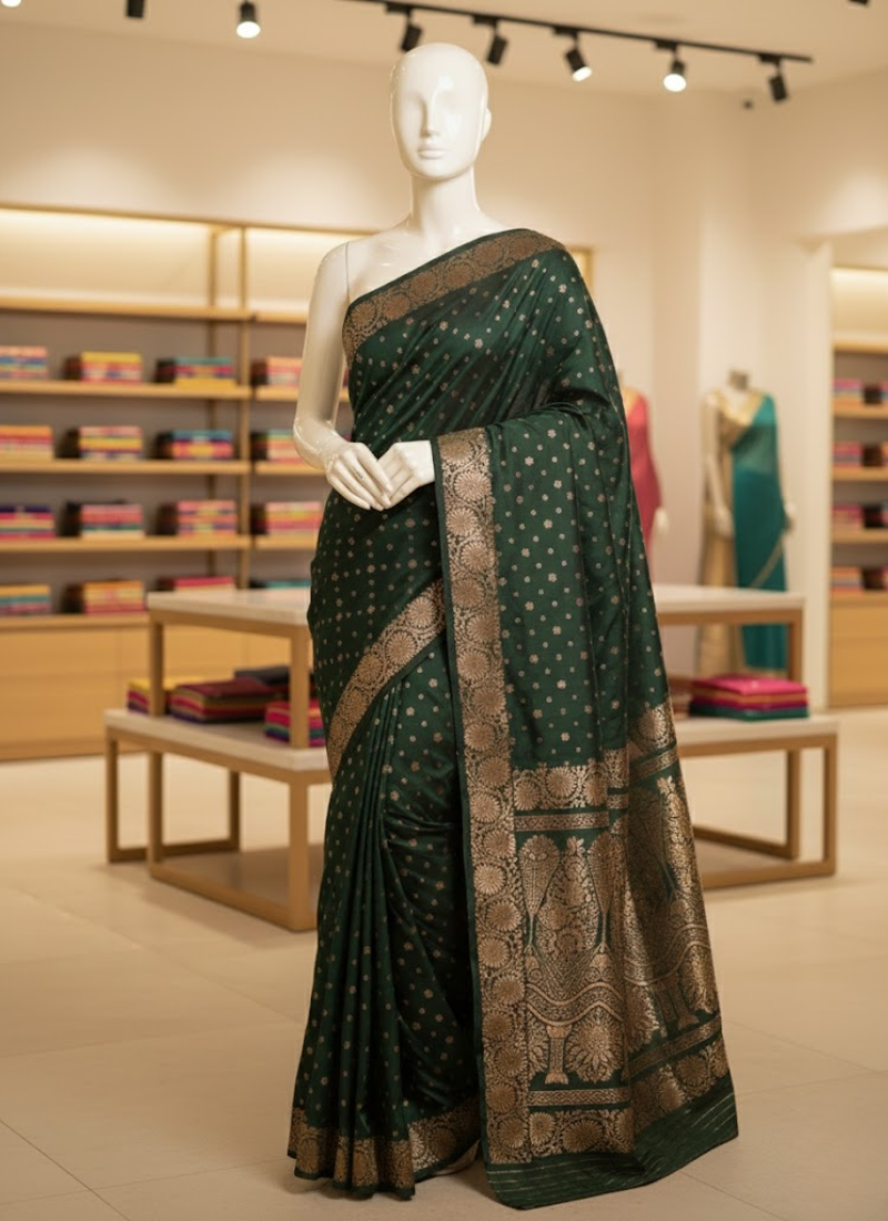 Bottle Green Katan Silk Saree with Blouse Piece