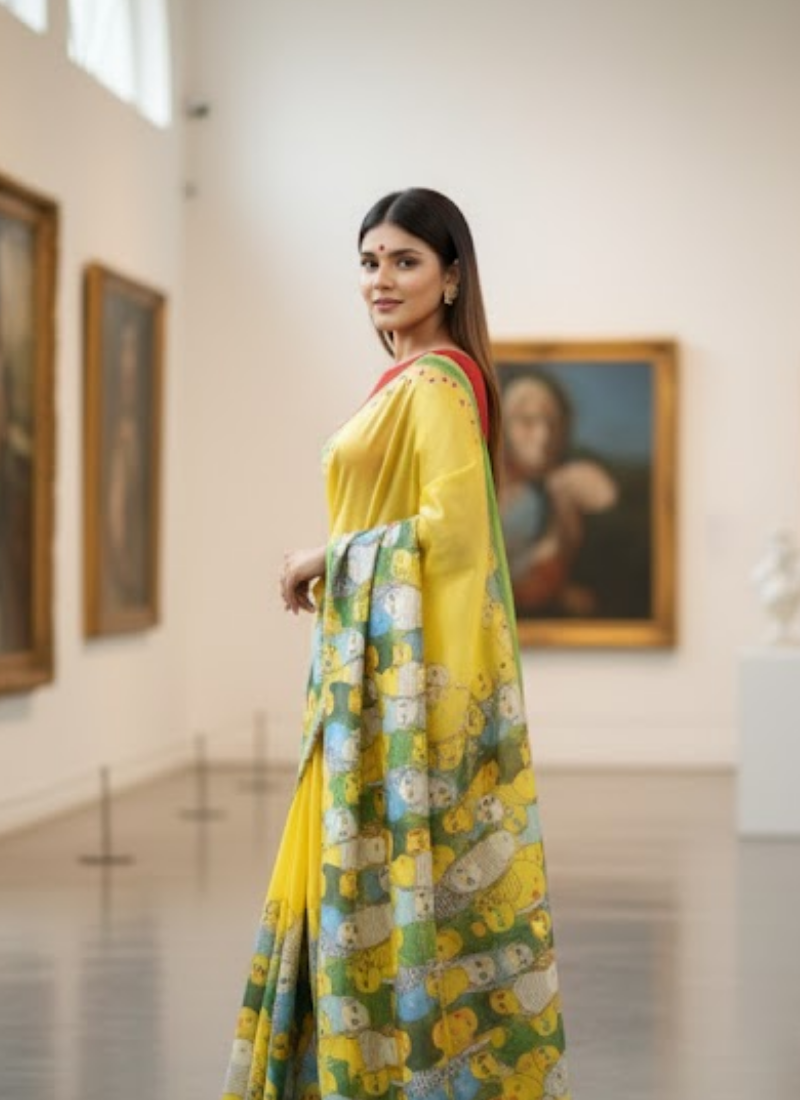 Yellow Tashar Silk Saree – Bird Print Design