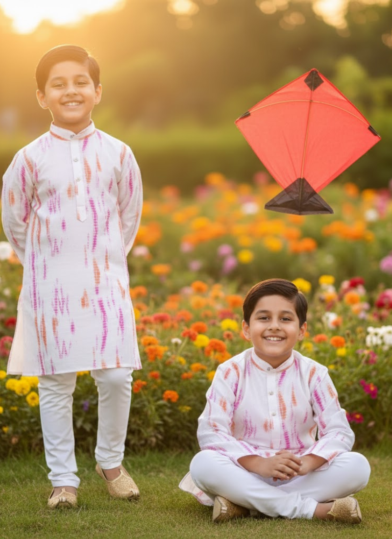 Kids Kurta Pajama Set – Multicolor Silk Kurta with White Cotton Pyjama
