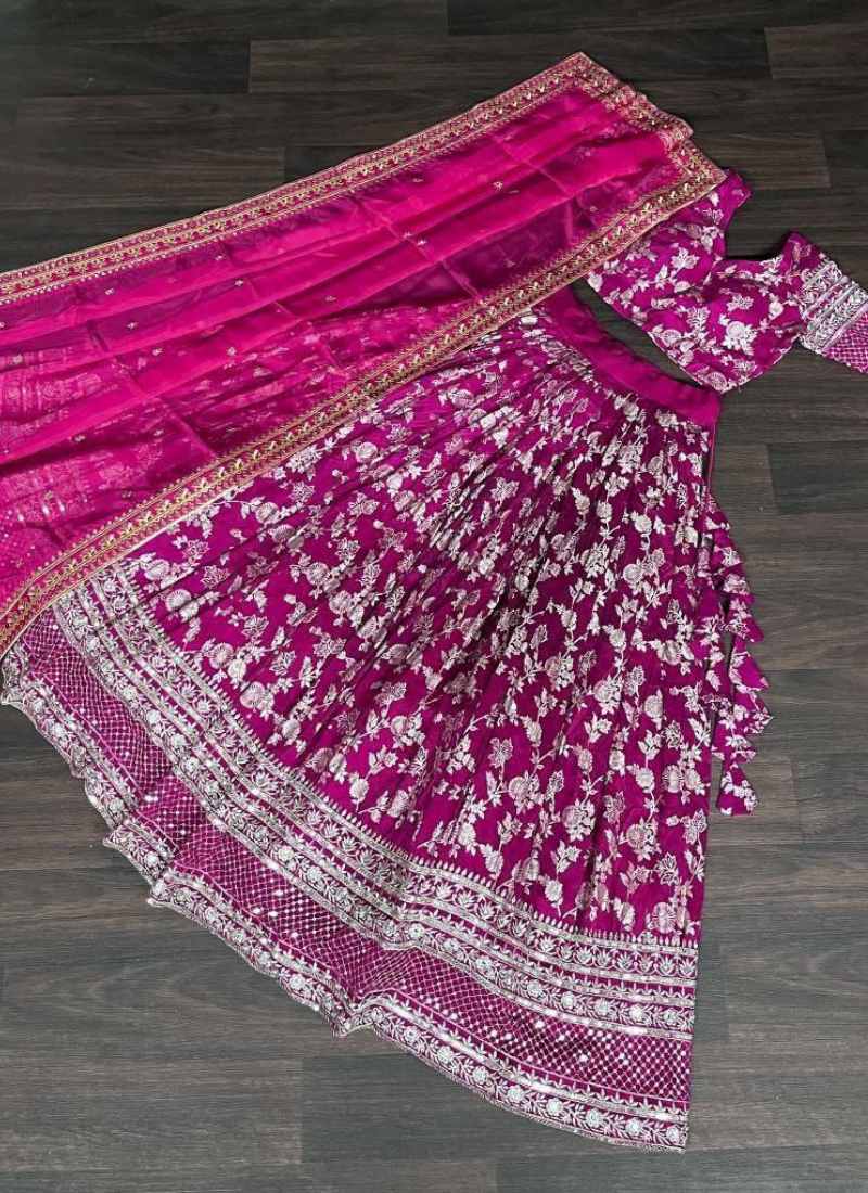 Pink Viscose Jacquard Lehenga Choli with Sequins Embroidery + Russian Silk Dupatta