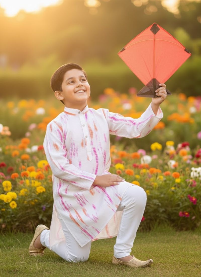 Kids Kurta Pajama Set – Multicolor Silk Kurta with White Cotton Pyjama