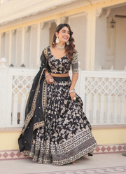 Black Viscose Jacquard Lehenga Choli with Sequins Embroidery + Russian Silk Dupatta 2