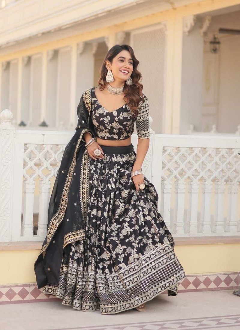 Black Viscose Jacquard Lehenga Choli with Sequins Embroidery + Russian Silk Dupatta