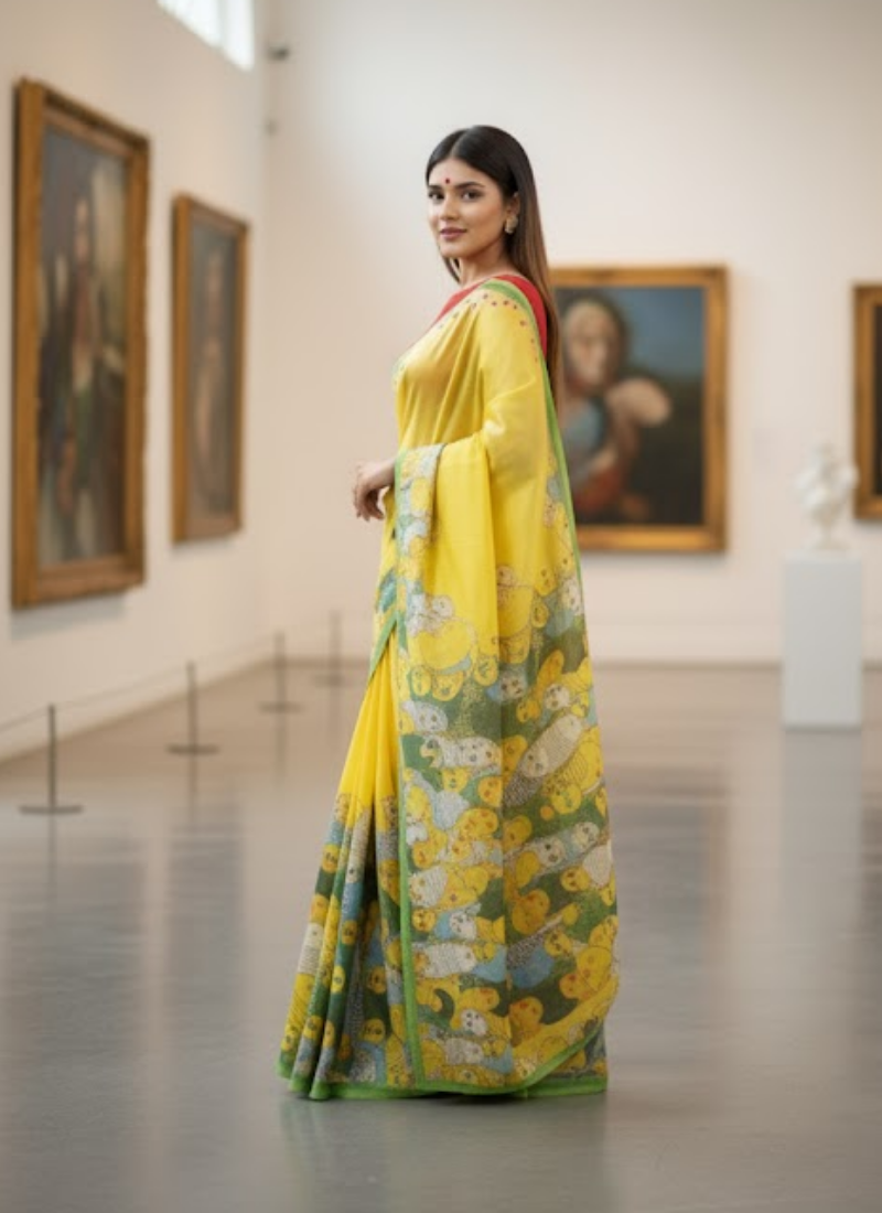 Yellow Tashar Silk Saree – Bird Print Design