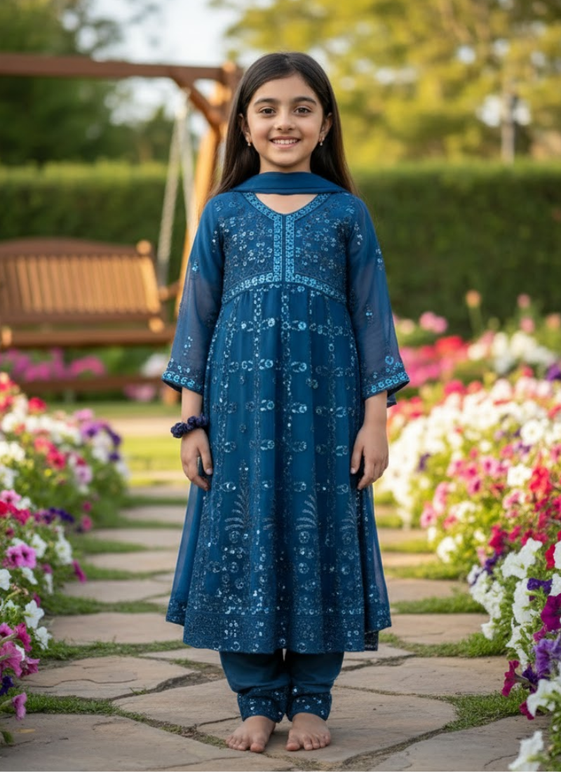 Sea Green Chiffon Kids Anarkali Gown – Elegant Festive Wear