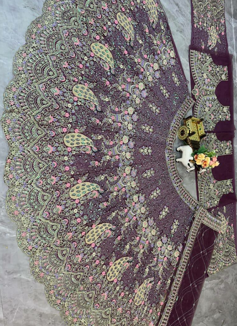 Purple Butterfly Net Lehenga Choli with Sequins & Coding Embroidery + Dupatta