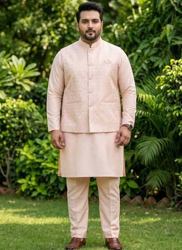 Indian Men’s Dress Jacquard Koti Silk Kurta Polo Pant Set