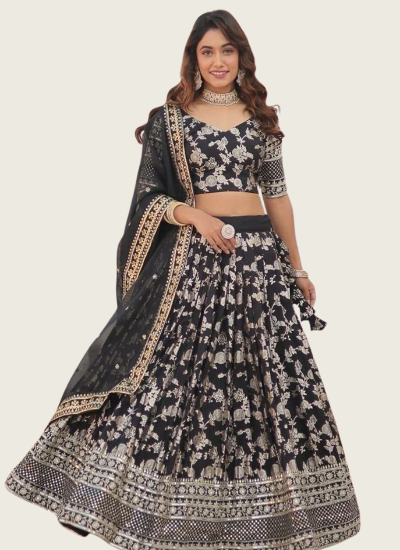 Black Viscose Jacquard Lehenga Choli with Sequins Embroidery + Russian Silk Dupatta | Gleemium fashion best lehenga choli