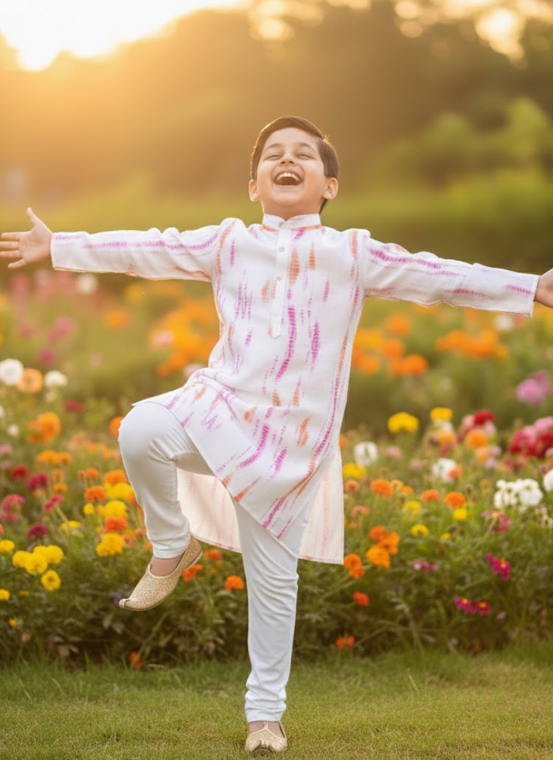 Kids Kurta Pajama Set – Multicolor Silk Kurta with White Cotton Pyjama