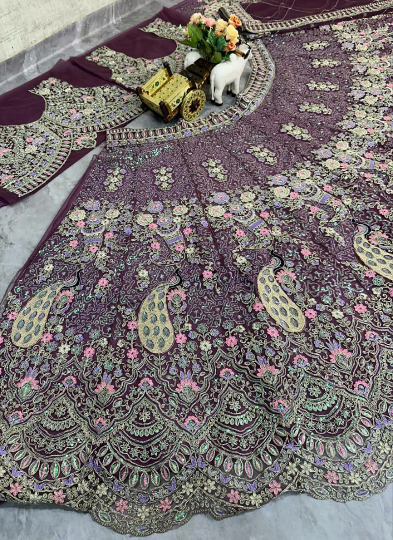 Purple Butterfly Net Lehenga Choli with Sequins & Coding Embroidery + Dupatta